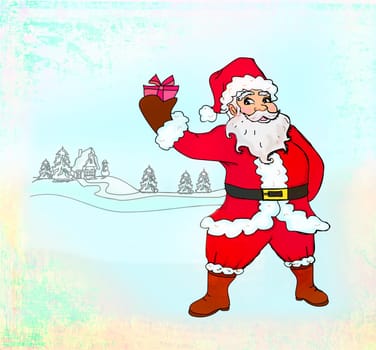 Happy New year card with Santa and winter landscape - doodle illustration