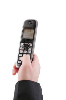 Hand with phone isolated on white