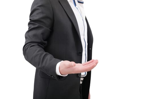 An empty hand of a businessman in black suit