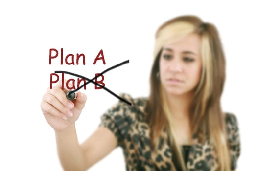 Business plan strategy changing. Woman crossing over Plan A, writing Plan B. Beautiful young smiling businesswoman sketching on virtual screen. Isolated on white background.