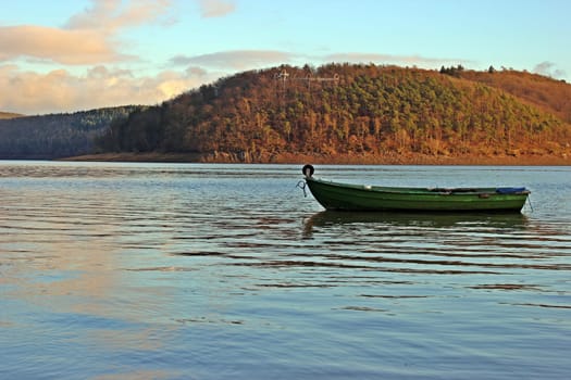 Fishing boat on the Edersee in the evening light