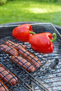 Sausage and sweet red pepper, roasted on the grill