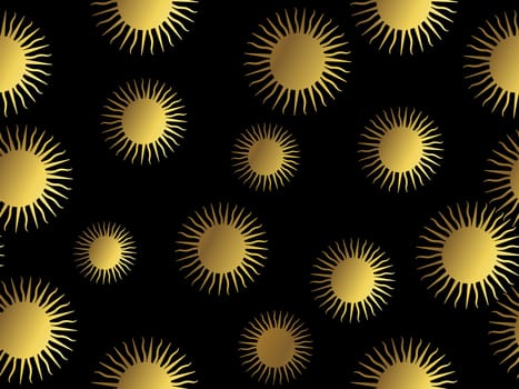 Seamless pattern with golden sun silhouettes. Aztec pattern.
