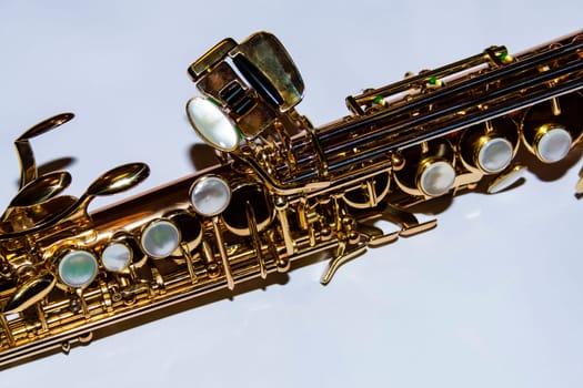 Detailed view of the key system of a soprano saxophone