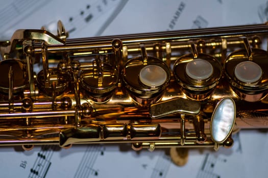 Detailed view of the key system of a soprano saxophone