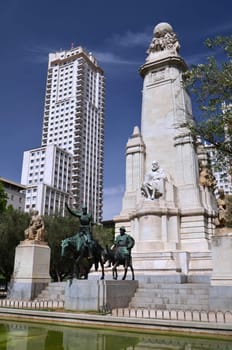 The monument of Miguel Cervantes on Plaza de Espana in Madrid, Spain
