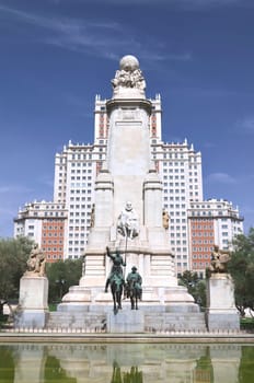 The monument of Miguel Cervantes on Plaza de Espana in Madrid, Spain
