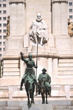The monument of Miguel Cervantes on Plaza de Espana in Madrid, Spain