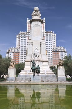 The monument of Miguel Cervantes on Plaza de Espana in Madrid, Spain