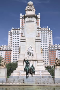 The monument of Miguel Cervantes on Plaza de Espana in Madrid, Spain