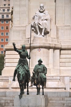 The monument of Miguel Cervantes on Plaza de Espana in Madrid, Spain