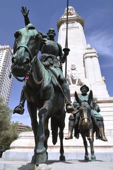 The monument of Miguel Cervantes on Plaza de Espana in Madrid, Spain