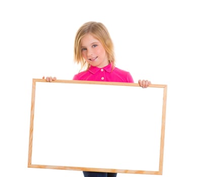 blond child kid happy girl holding blank white board copy space