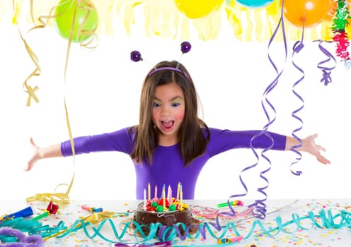 asian child kid girl in birthday party happy gesture and chocolate cake