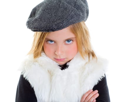 angry gesture child sad blond kid girl portrait winter cap on white