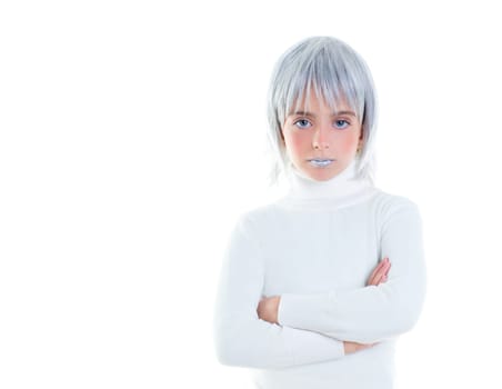 beautiful futuristic kid girl futuristic child with gray hair crossed arms in white