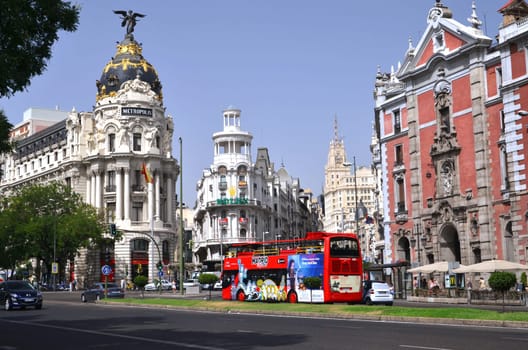 Metropolis building on Gran Via street in Madrid, Spain.