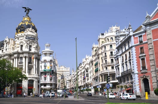 Metropolis building on Gran Via street in Madrid, Spain.