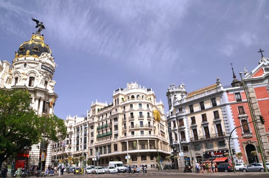 Metropolis building on Gran Via street in Madrid, Spain.