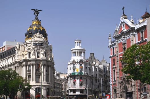 Metropolis building on Gran Via street in Madrid, Spain.