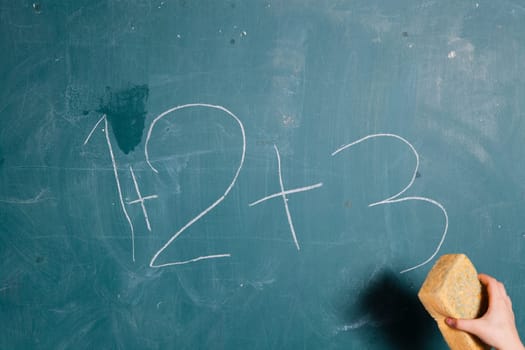 Wet sponge being held in hand of young child over chalkboard with numbers and mathematical plus symbols