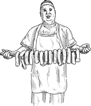 vector - butcher with a stick full of sausage