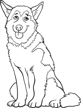 Black and White Cartoon Illustration of Funny Siberian Husky or Alaskan Malamute Dog for Coloring Book