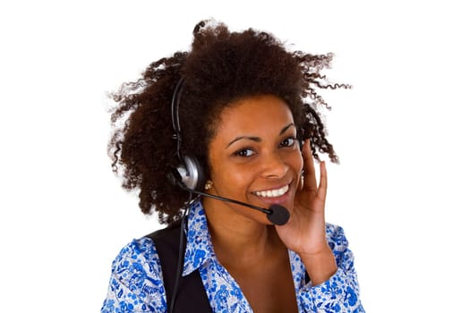 Young woman with headset isolated on white background