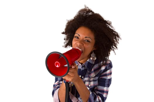 Young woman screaming in megaphone isolated on white background