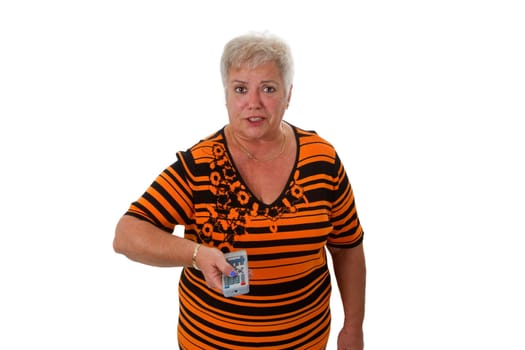 Senior woman with remote control - isolated on white background