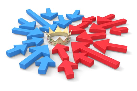 Political concept image with arrows symbolizing opponents, pointing to crown who symbolize power