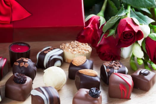 Valentines day roses and chocolates.