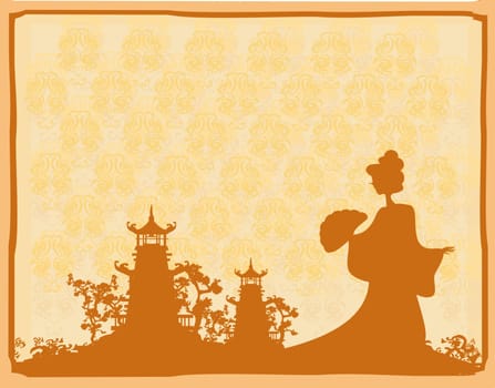 old paper with geisha and Asian Landscape
