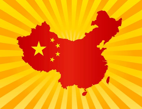 Peoples Republic of China Flag in Country Map Silhouette on Sun Rays Background Illustration