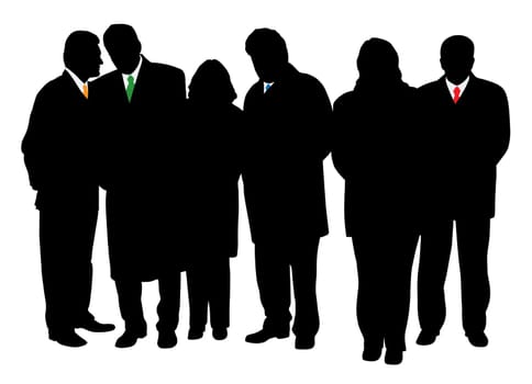 Group of four businessmen and two businesswomen in winter coats. Isolated white background.