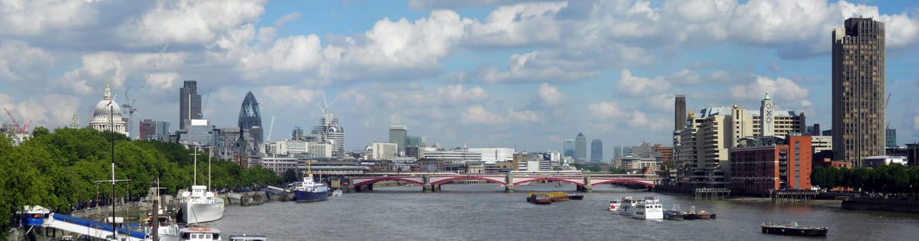 Panorama view of the Thames from the Embankment, London, UK.