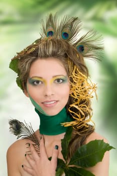 A young woman with jungle-like accessories