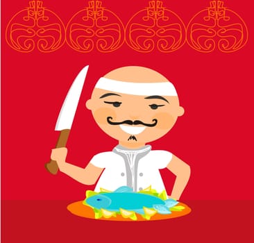 Japanese chef with knife and fish