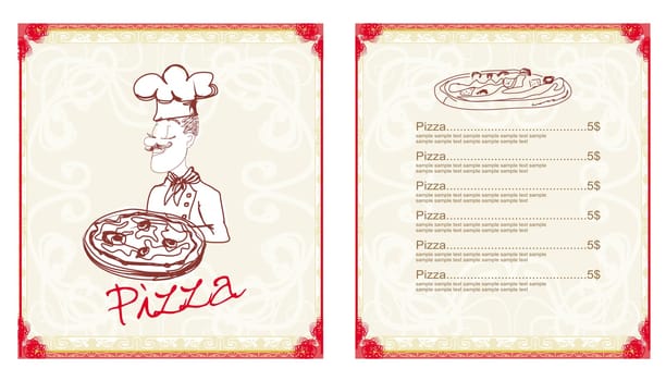 chef with pizza - menu restaurant set