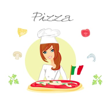 beautiful woman chef enjoys pizza