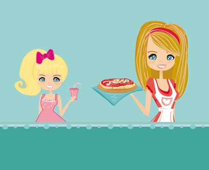 Housewife serving pizza her daughter