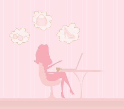 Online shopping - young smiling woman sitting with laptop computer