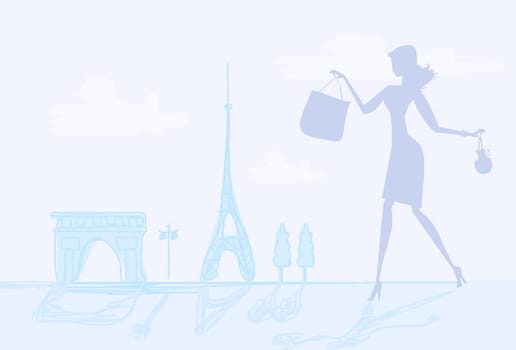 beautiful women Shopping in Paris - vector card