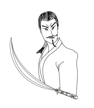 samurai portrait with swords - doodle illustration