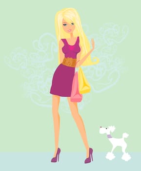 Elegant fashion shopping woman with her dog vector illustration