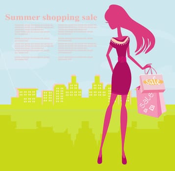 Elegant  fashion woman shopping  in the city illustration vector