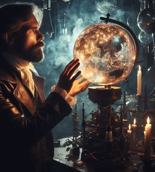 steampunk magician artisan god mechanic in lab check repair planet health as earth day concept illustration generative ai art