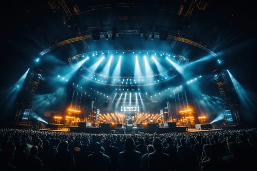 Rock concert, silhouettes of people in the bright rays of spotlights.