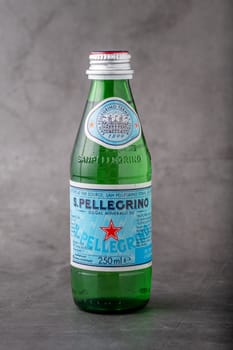 Antalya, Turkey - October 27, 2023: S. Pellegrino sparkling natural mineral water. Bottled at the San Pellegrino thermal spring in Bergamo, Italy