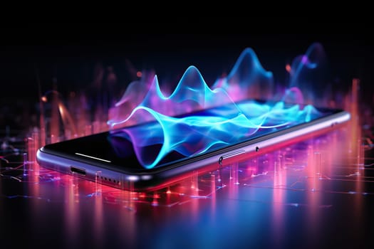 Abstract image of neon sound waves over a smartphone. Music and entertainment concept.
